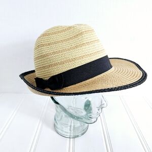 Magid Hats Tan Woven Wide Brim Sun Hat Black Ribbon Bow Beach Straw